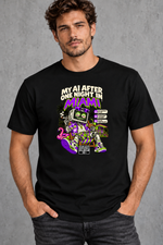 Male model wearing black Miami men's graphic T-shirt with smaller print