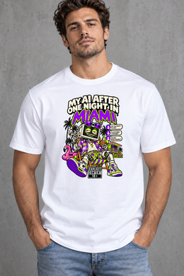 Male model wearing white Miami men's graphic T-shirt with smaller print