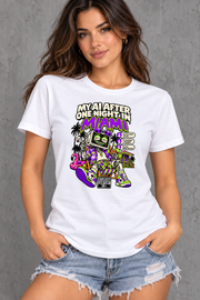 Female model wearing white Miami women's graphic T-shirt with smaller print