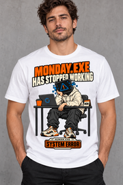 Male model wearing a white Monday.exe Has Stopped Working graphic T-shirt