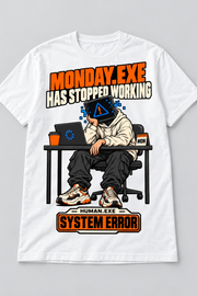 White men's Monday.exe Has Stopped Working cotton T-shirt, front graphic
