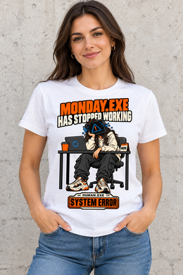 Female model wearing a white women's Monday.exe Has Stopped Working graphic cotton T-shirt