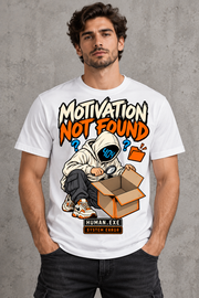 Male model wearing a white Motivation Not Found graphic T-shirt