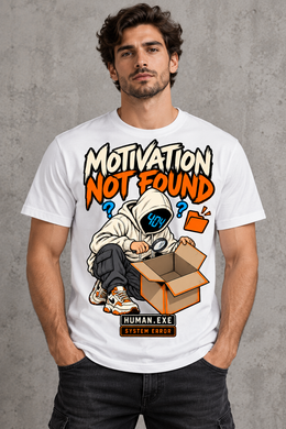 Male model wearing a white Motivation Not Found graphic T-shirt