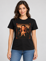 Woman wearing the black Neon Muse standard fit graphic T-shirt