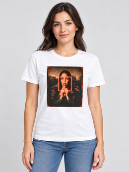 Woman wearing the white Neon Muse standard fit graphic T-shirt