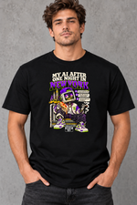 Male model wearing black New York men's graphic T-shirt with smaller print