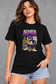 Female model wearing black New York women's graphic T-shirt with smaller print