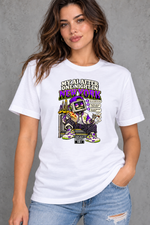 Female model wearing white New York women's graphic T-shirt with smaller print