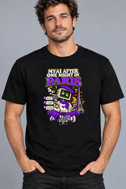 Male model wearing black Paris men's graphic T-shirt with smaller print