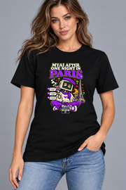 Female model wearing black Paris women's graphic T-shirt with smaller print