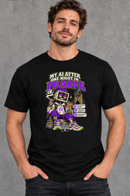 Male model wearing black Prague men's graphic T-shirt with smaller print