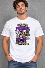 Male model wearing white Prague men's graphic T-shirt with smaller print