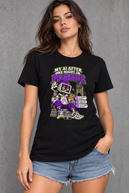 Female model wearing black Prague women's graphic T-shirt with smaller print