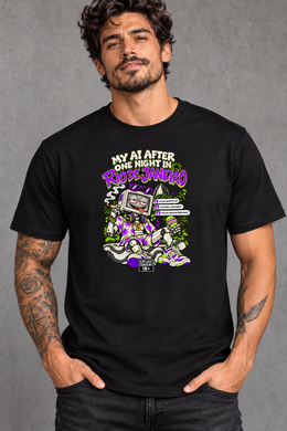 Male model wearing black Rio de Janeiro men's graphic T-shirt with smaller print