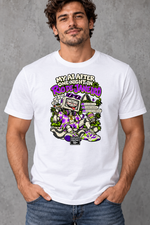 Male model wearing white Rio de Janeiro men's graphic T-shirt with smaller print