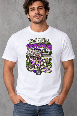Male model wearing white Rio de Janeiro men's graphic T-shirt with smaller print