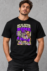 Male model wearing black Rome men's graphic T-shirt with smaller print