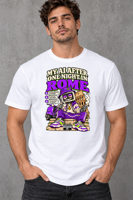 Male model wearing white Rome men's graphic T-shirt with smaller print