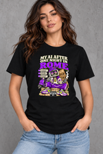 Female model wearing black Rome women's graphic T-shirt with smaller print