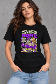 Female model wearing black Rome women's graphic T-shirt with smaller print