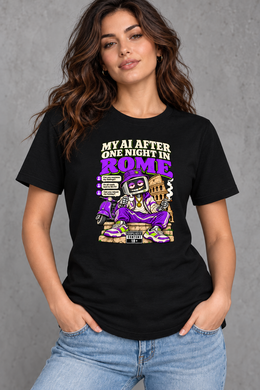 Female model wearing black Rome women's graphic T-shirt with smaller print