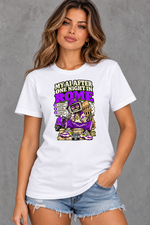 Female model wearing white Rome women's graphic T-shirt with smaller print