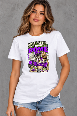 Female model wearing white Rome women's graphic T-shirt with smaller print
