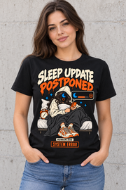 Female model wearing a black women's Sleep Update Postponed graphic cotton T-shirt