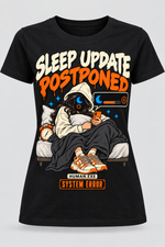 Front view of a black women's Sleep Update Postponed graphic cotton T-shirt