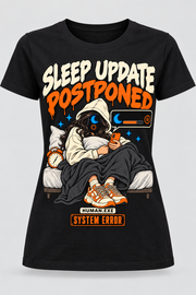 Front view of a black women's Sleep Update Postponed graphic cotton T-shirt