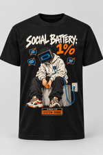 Black men's Social Battery 1% graphic cotton T-shirt featuring a seated charging character and crossed-out social icons.