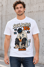 Male model wearing a white Social Battery 1% graphic T-shirt with low-battery screen-headed character and blue charging cable.