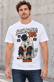 Male model wearing a white Social Battery 1% graphic T-shirt with low-battery screen-headed character and blue charging cable.
