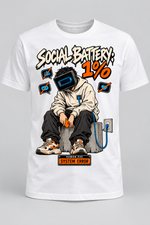 White men's Social Battery 1% graphic cotton T-shirt featuring a seated charging character and crossed-out social icons.