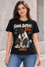 Female model wearing a black Social Battery 1% cotton T-shirt with long-haired charging character, orange and blue details.