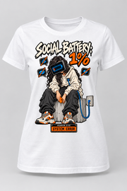 White women's Social Battery 1% cotton T-shirt with long-haired low-battery character, orange phone and blue charging cable.