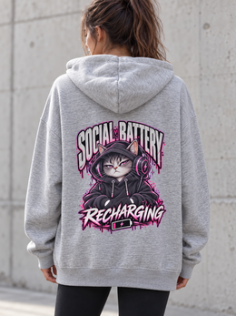 Female model wearing a grey Social Battery Recharging women's hoodie, back view