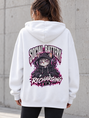 Female model wearing a white Social Battery Recharging women's hoodie, back view