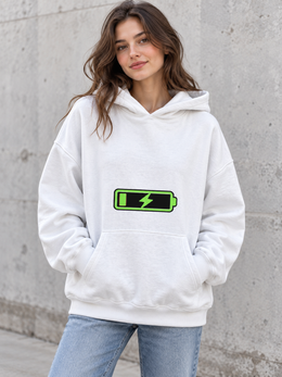 Female model wearing a white Social Battery Recharging women's hoodie, front view