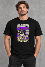 Male model wearing black Sydney men's graphic T-shirt with smaller print