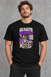 Male model wearing black Sydney men's graphic T-shirt with smaller print