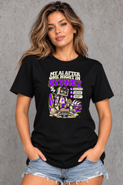 Female model wearing black Sydney women's graphic T-shirt with smaller print