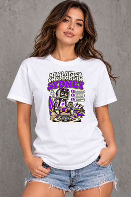 Female model wearing white Sydney women's graphic T-shirt with smaller print