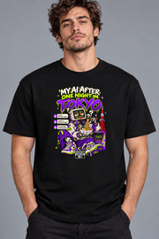 Male model wearing black Tokyo men's graphic T-shirt with smaller print