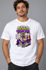 Male model wearing white Tokyo men's graphic T-shirt with smaller print