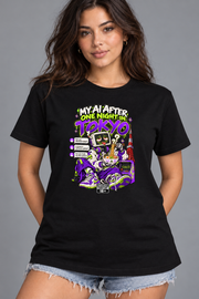 Female model wearing black Tokyo women's graphic T-shirt with smaller print