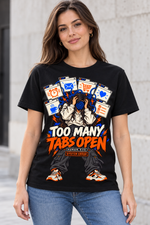 Female model wearing a black Too Many Tabs Open graphic cotton T-shirt