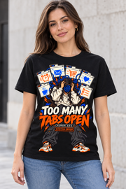 Female model wearing a black Too Many Tabs Open graphic cotton T-shirt